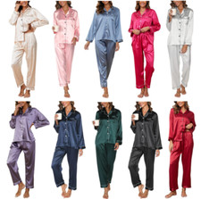 Women Silk Satin Pajamas set Sleepwear Set Button-Down Loungwear HomeWear 2PCS