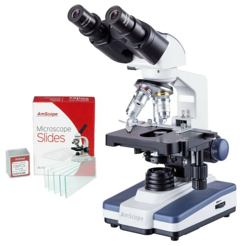 Amscope 40X-2500X Binocular LED Compound Microscope + 72 Slides + 100 Covers - Picture 1 of 11