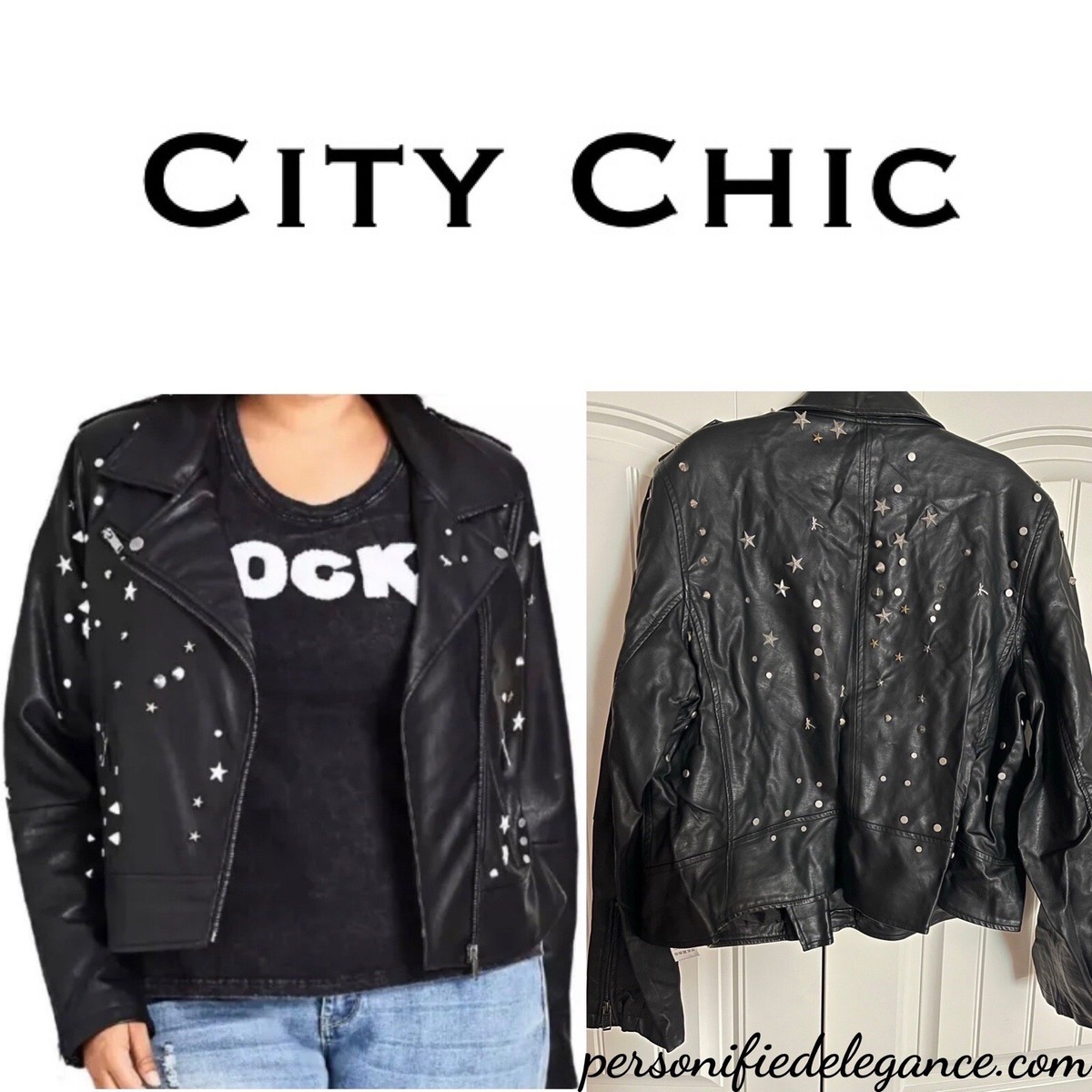 NEW City Chic Black Studded Faux Leather Moto Style Jacket Plus Size 20 L  $199