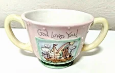 RUSS BERRIE UK LTD GOD LOVES YOU CERAMIC DOUBLE HANDLED CUP PINK NOAHS ARK CHILD