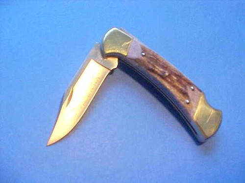 RARE UNUSED CUSTOM BUCK 112 KNIFE FOUNDERS EDITION MONTANA ELK SHEATH TIN STAND