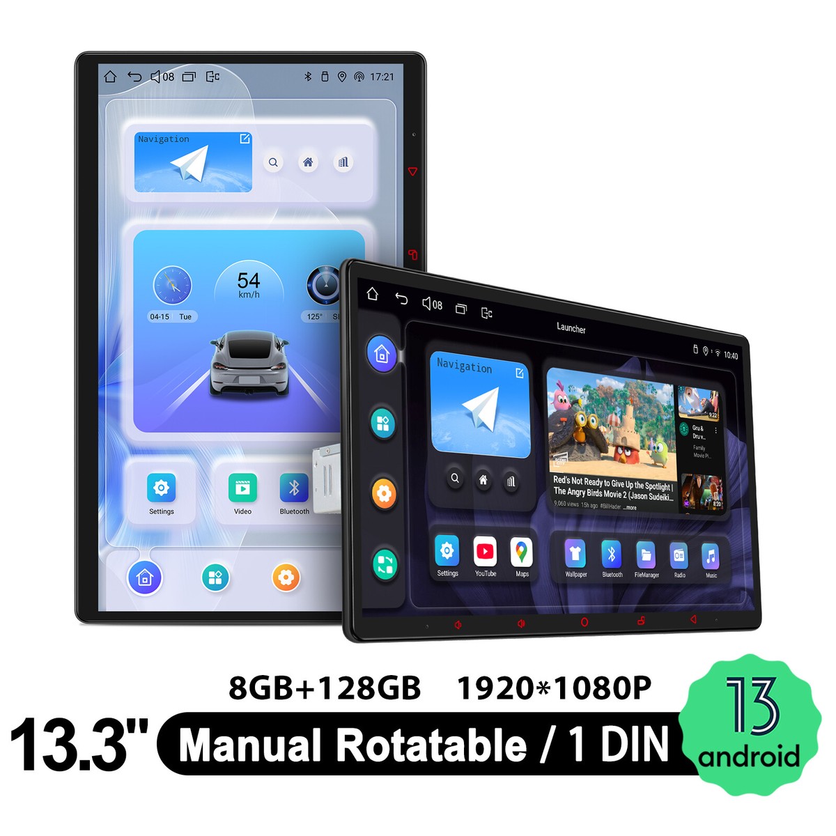 13.3 inch Android 13 Radio Single Din Rotatable Vertical Screen 8+