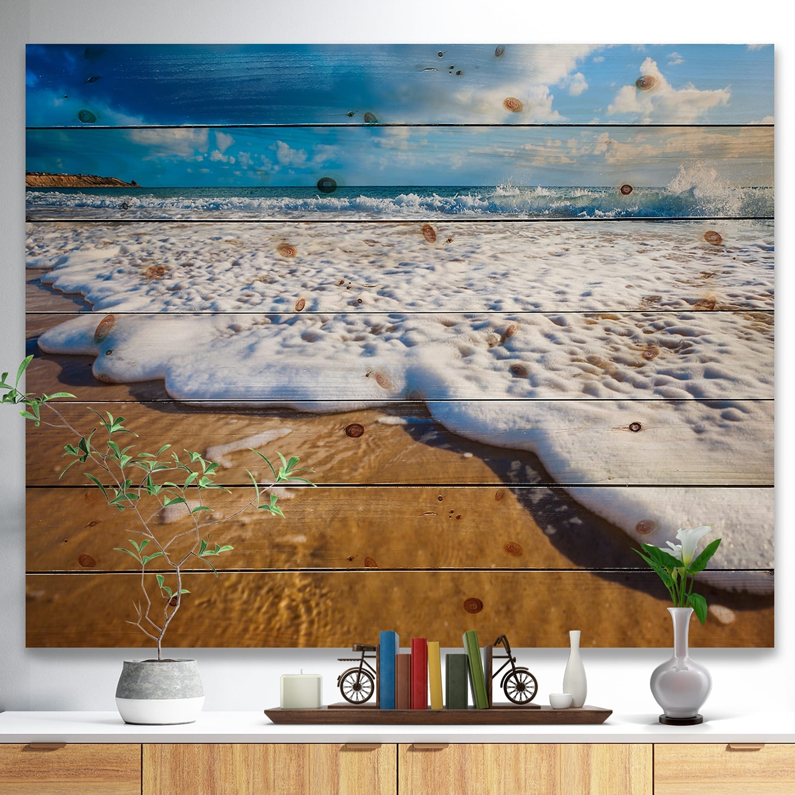 Designart 'Foaming Ocean Waves On Sand' Nautical & Coastal Wood Wall Art Décor