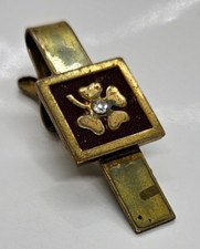Vintage Four Leaf Clover Tie Bar Pin Clip Gold Tone Rhinestone Design 1 3/4