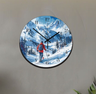 Downhill Skiing Art Wall Hanging Clock Time Piece Winter Sports Ski Slopes
