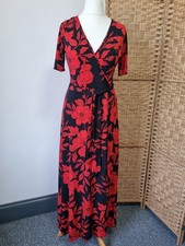 V by Very Wrap Front Maxi Sun Dress Size UK 10 Red Black Floral Jersey Stretch