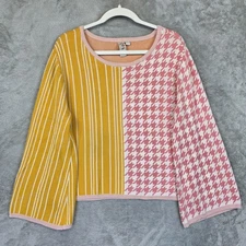 Dolan Left Coast Sweater Womens Medium Pink Yellow Colorblock Houndstooth