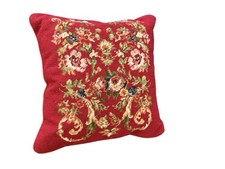 15" VTG Needlepoint Victorian French Cottage Red Pillow Elegant Rose Floral