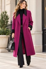 Vintage Alorna Wool Coat Women Long Purple Magenta Black Velvet Trim USA Made