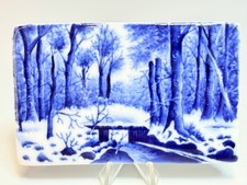 Piastrella ceramica porcellana blu 19c.Olanda olandese Royal Delft paesaggio fiume