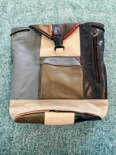 Vtg Mexican Leather Colorblock Patchwork Sling Bag Dual Shoulder Backpack Purse