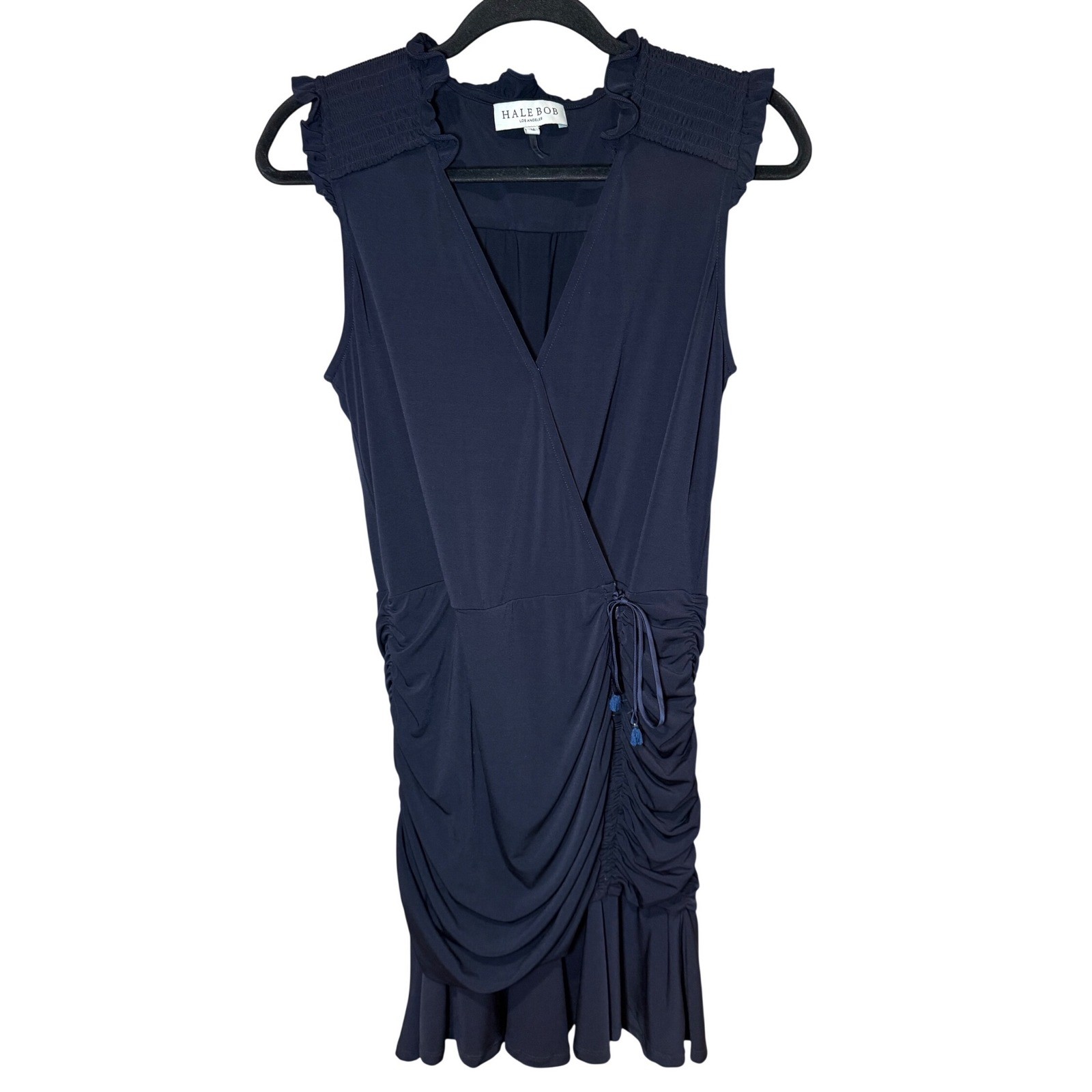 Hale Bob Faux Wrap Mini Dress Ruched Smocked Shoulder Mini Navy Blue Size Medium