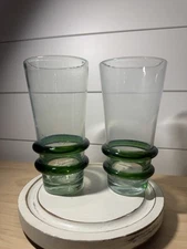Vintage Blenko Double Ring Avacado Green Clear Glass Tumblers High Ball MCM Rare