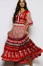 Raga Anthropology Boho New Red White Paisley Floral Maxi Dress Size Medium