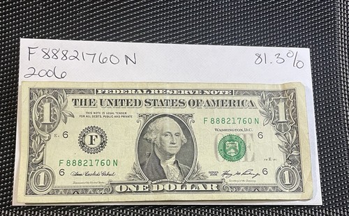 2006 $1 Dollar Bill In Good Condition With 81.3% Cool Serial Number Of 88821760