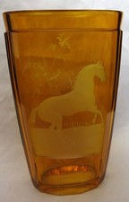 Hand Engraved Bohemian Glass Amber Beaker - Horse