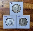 [Lot of 3] Kennedy Half Dollar Coins 1967, 1968, & 1968-D Circulated 40% Silver