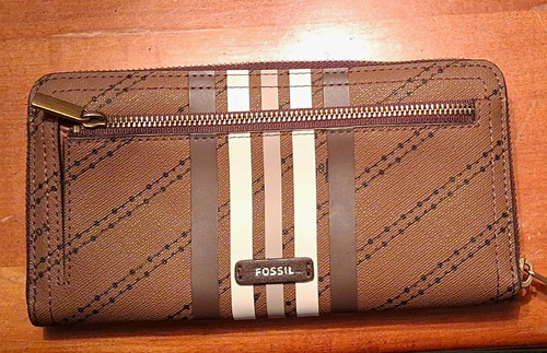 Fossil RFID Blocking Logan Zip-Around Wristlet Wallet Striped Brown/Black