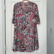 Honeyme Women’s Size Small V-neck Dress 1/2 sleeve Paisley Print Gray Pink EUC