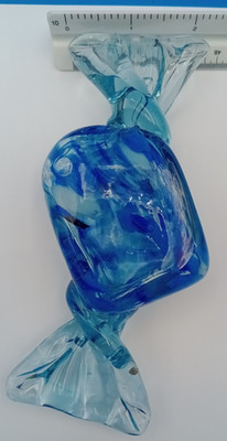 Large 6'' Blown Glass Wrapped Hard Candy Piece Blue Paperweight Murano Style Art