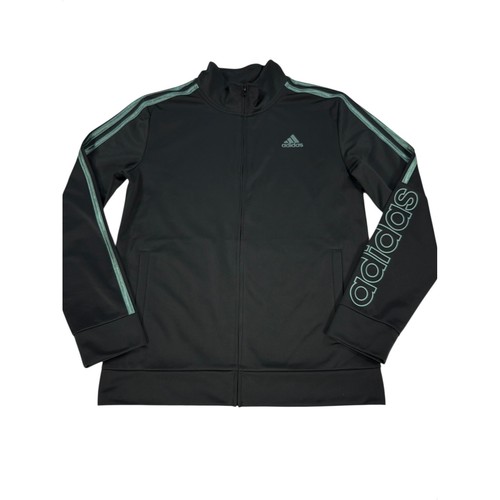 Adidas Boys 14/16 Black Green Striped Track Jacket Full Zip Logo Athletic