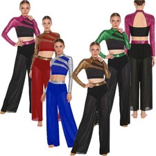Women Dancewear Rhinestones Costumes Metallic Outfit Side Split Lyrical Sheer