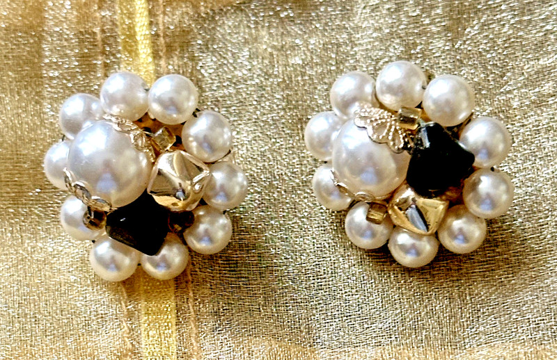 Vintage mid-century faux pearl and black stone cluster clip-on earrings