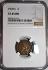 NGC XF-45 BN 1908-S Indian Head Cent, Razor-Sharp Key-Date w/ Light Luster!