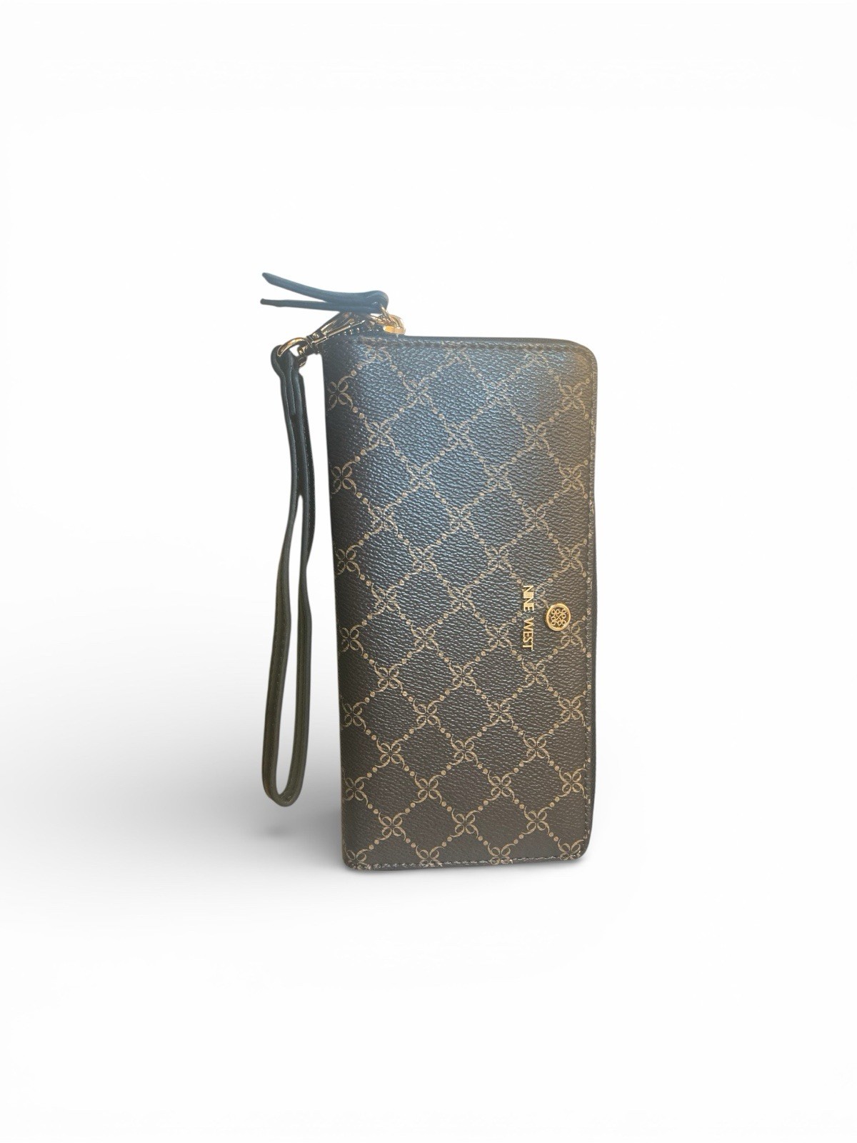 Nine West Wristlet Wallet Brown Logo Zip around-Used Good Condition