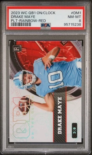 2023 WILD CARD QB1 ON THE CLOCK PLATINUM-RAINBOW FOIL-RED DRAKE MAYE 3/8 PSA 8