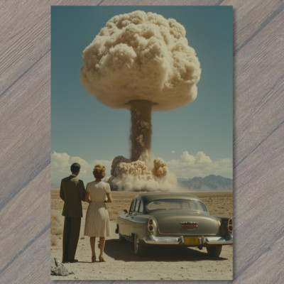 STICKER  Desert Scene Car Atomic Nuclear Bomb Cloud Retro Style Couple Surreal