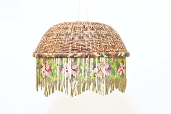 Vintage Woven Rattan Basket With Decorative Seed Bead Fringe Decorative Hanging