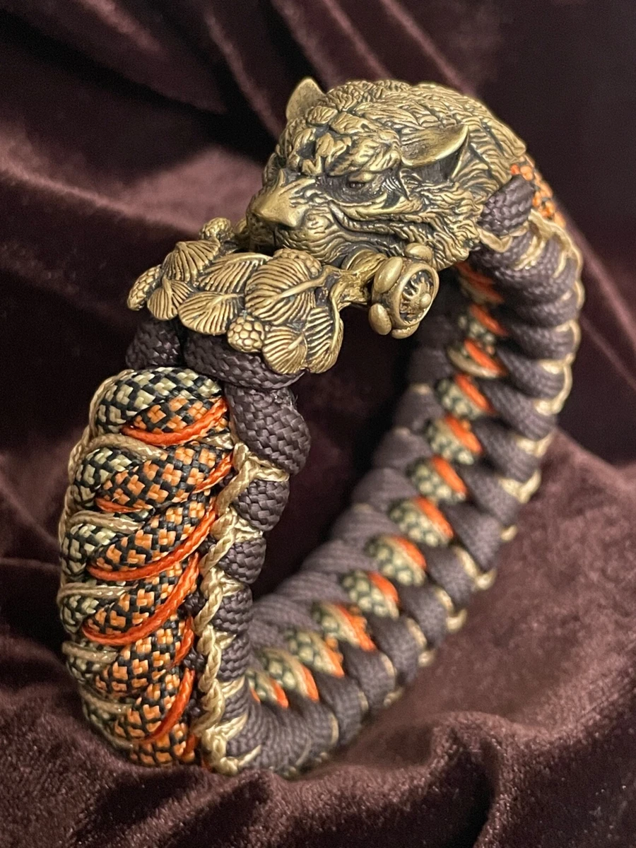 Paracord Bracelet Orange-Golden-Brown with Brass TIGER Head