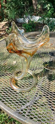 VTG HAND BLOWN Art Glass Tulip Trumpet Vase Orange Swirl Coiled Base 11''