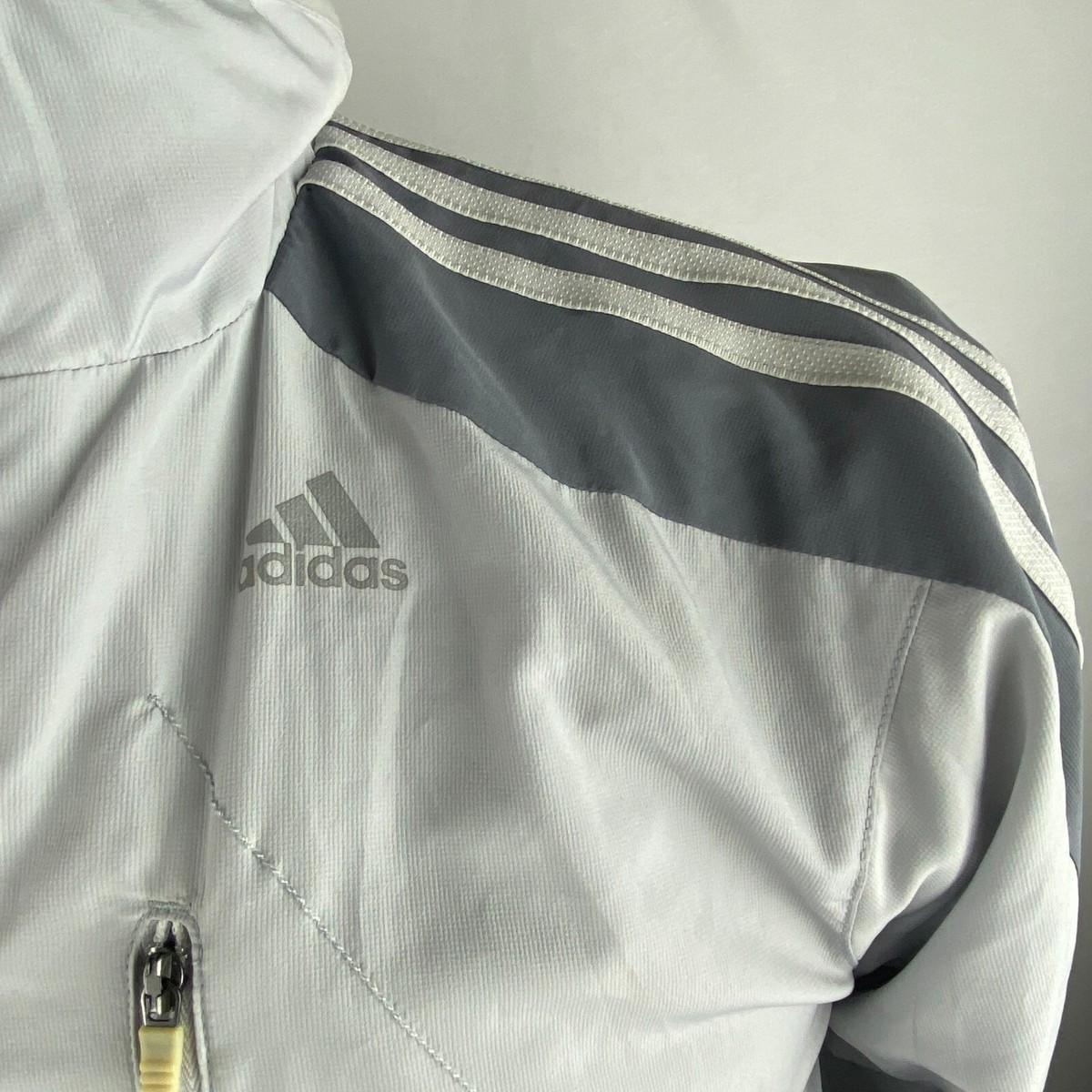 Adidas Sample Climaproof Jacket Mens Gray White Striped Athletic