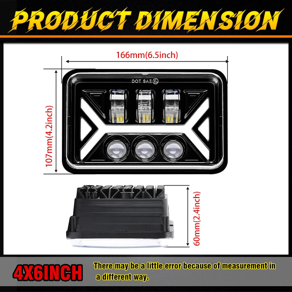 For 1981-1989 Lincoln Town Car 4PCS 4x6"LED Headlights Hi/Lo Beam Turn Light DRL - Image 3 of 4