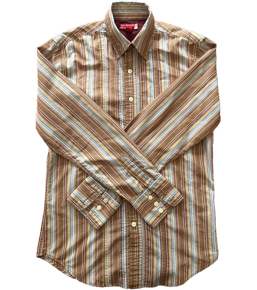 Camisa De Colección Guess Etiqueta Roja Botón Para Hombre Pequeña Marrón/Azul Rayas Acentuada LS Foto 2 de 4