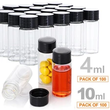 100 Pack 4ml/10ml Glass Vials with Screw Caps Clear Liquid Sample Vial Bottles