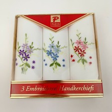 Vintage Paris Boxed Set 3 White Colorful Floral Embroidered New Handkerchiefs