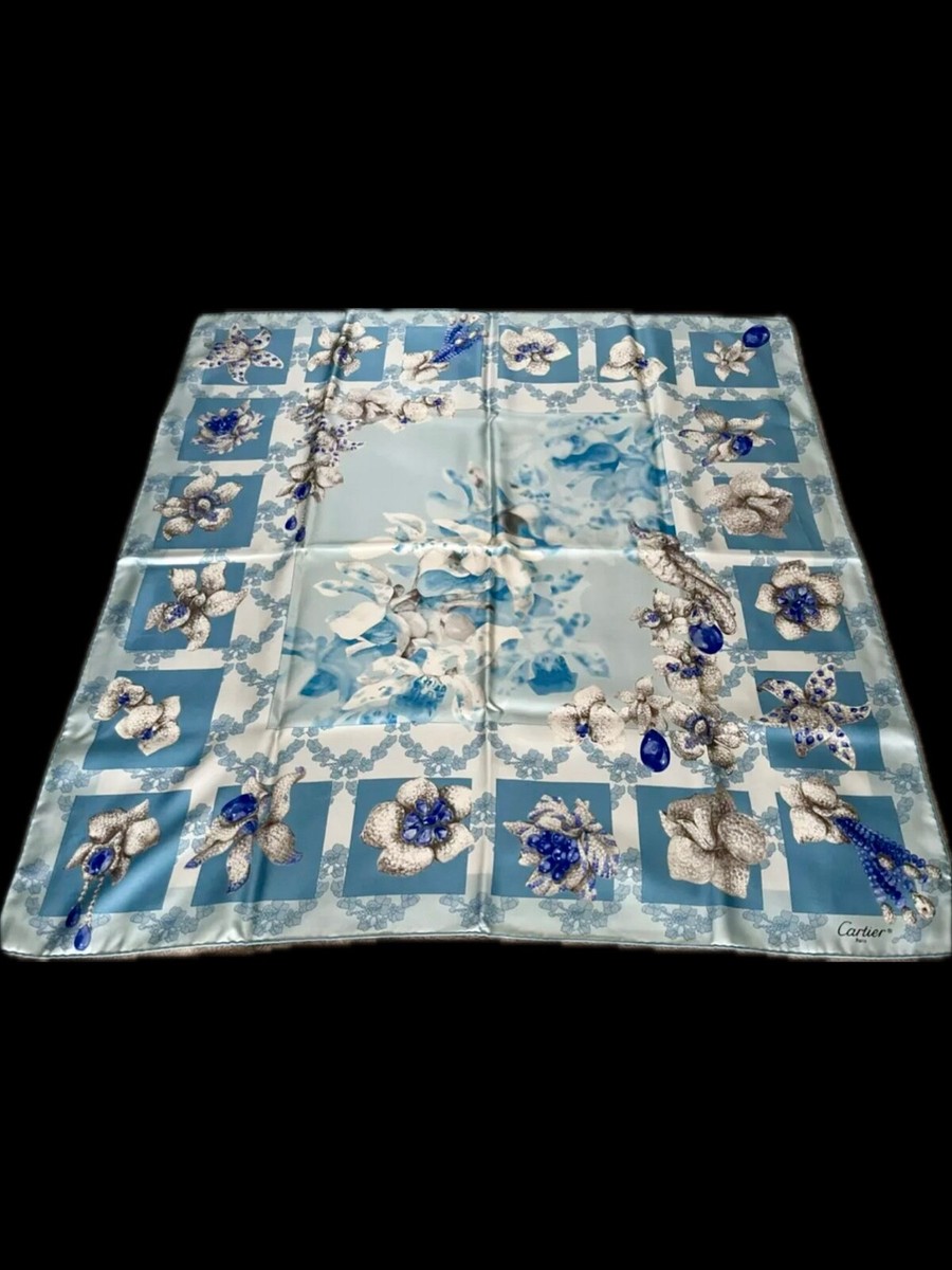 VERY RARE VINTAGE CARTIER SILK SCARF BLUE SAPPHIRE MADE IN