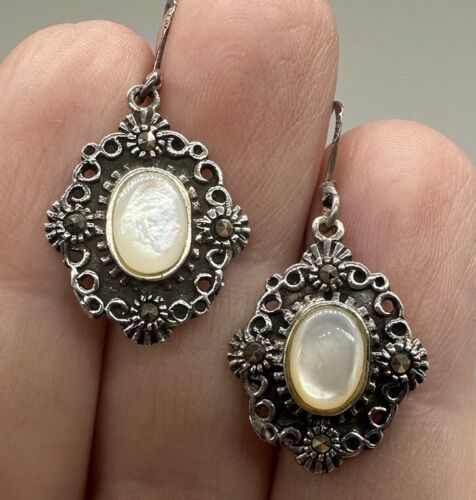 Sterling Silver Moonstone Dangle Earrings Small 925 Oval Ornate Boho Stamped - Picture 3 of 9