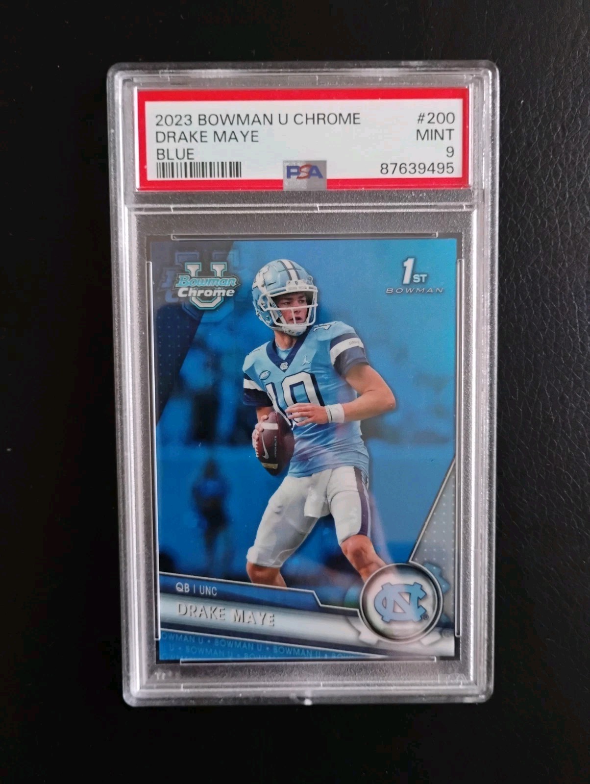 2023 Bowman University Chrome - Drake Maye  #200 Blue Refractor  67/199 — PSA 9