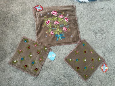 Pip Studio Velvet/ EMBRODIERED/ Sequin Set Of 3 Pillow Covers NWT Tan Floral