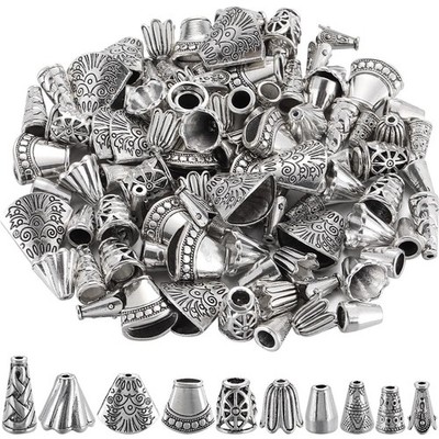 1 Box 100Pcs 10 Styles Cone Bead Caps Silver Bead End Caps with Hole Alloy