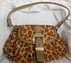 VTG Kathy Van Zeeland Y2K leopard print shoulder bag w/ gold studded buckle