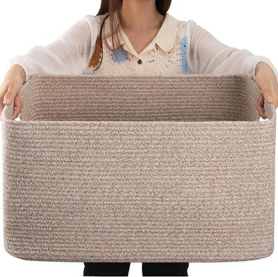 Large Woven Cotton Rope Storage Basket with Handles for Blanket Toy Organizing
