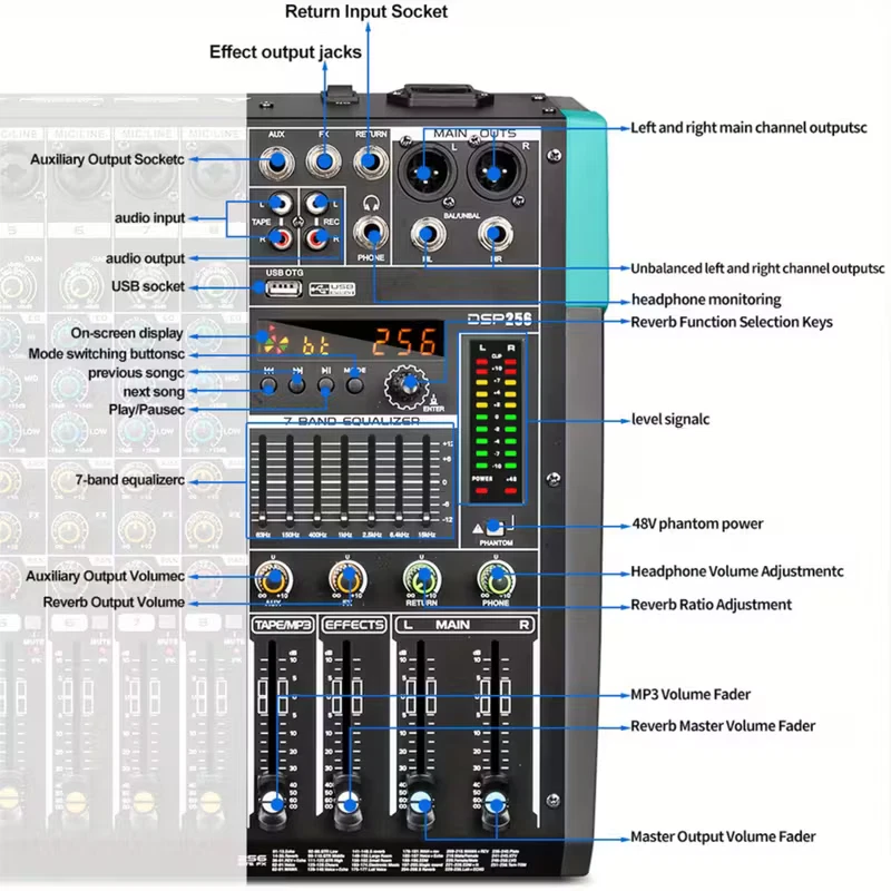 6-Kanal-Sound-Mixer BT Audio-Mischpult 48V 256DSP PROFI USB-PC Sytem neu & OVP - Bild 2 von 4
