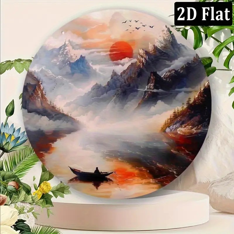 Traditional Chinese Landscape Sunset Painting Metal Sign 8Inch