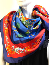 VTG HERMES Les Jardiniers du Roy Carr 90 silk scarf Blue Multi-color 3465