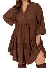 Plus Size Ruffled Short Dress Brown Button Front Tie Neck Balloon Long Sleeves X